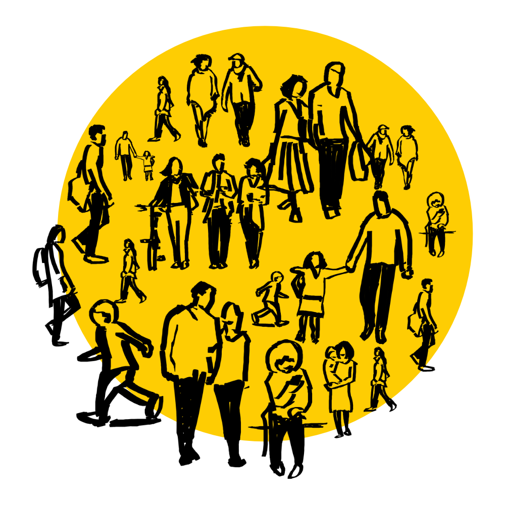 Graphic of people drawn in black arranged in a circle on a yellow and white and grey chequered background
