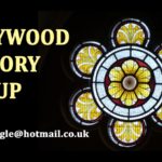 Picture of the Ladywood History Group logo - with the emblem of a yellow flower created from several painted glass displays . It reads : Ladywood History Group. Contact email: brewusbugle@hotmail.co.uk