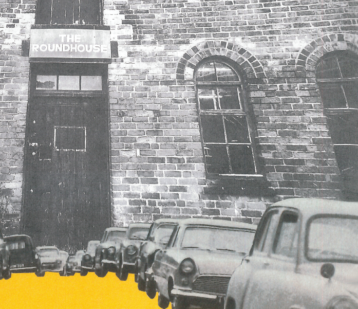 Black and white collage picture of the Roundhouse with several cars from the 50s parked in from of it in a row