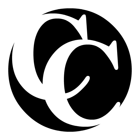 Claire Cotterill logo, two capital overlapping C's in white on a black background