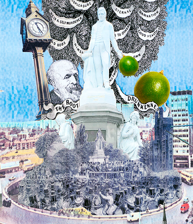 A small section of collage artwork, 'Little Known Ladywood' by Claire Cotterill, which features a statue of abolitionist Joseph Sturge at Five Ways