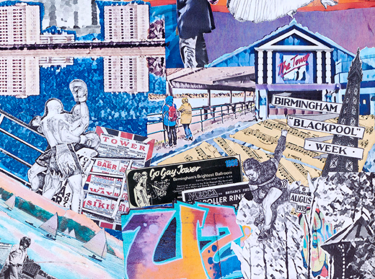 A small section the collage artwork 'Revealing the Reservoir' by Claire Cotterill which references the history of the reservoir such as the Tower Ballroom's programme of events, Blackpool Week at the rezza, and the views and reflections across the water.