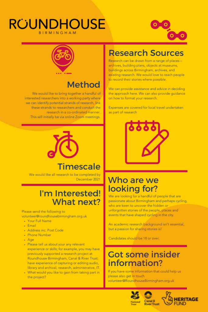 Poster advertising for Cycling Researchers. Black writing on yellow background with red page dividers.