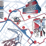 Sketched map in red and blue on white background. The route includes 10 different stops on a circular walk starting at the Roundhouse. It includes stops such as : the Bridge of locks, the Cube, The Holliday street Aqueduct, New Street Signal Box, Grosvenor House, Library of Birmingham