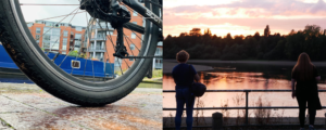 Collage of two photographs. On the left hand side a picture of bike back wheel on the wet towpath, with a blue narrowboat and buildings in the background. On the right hand side a picture of two women, at Edgbaston Reservoir watching the water at dusk. The pink sky reflected on the reservoir's water.