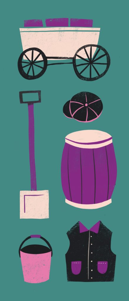 Illustration of night soil equipment; shovelm cart, barrel, hat, bucket, waist coat . In purple white and black on green background