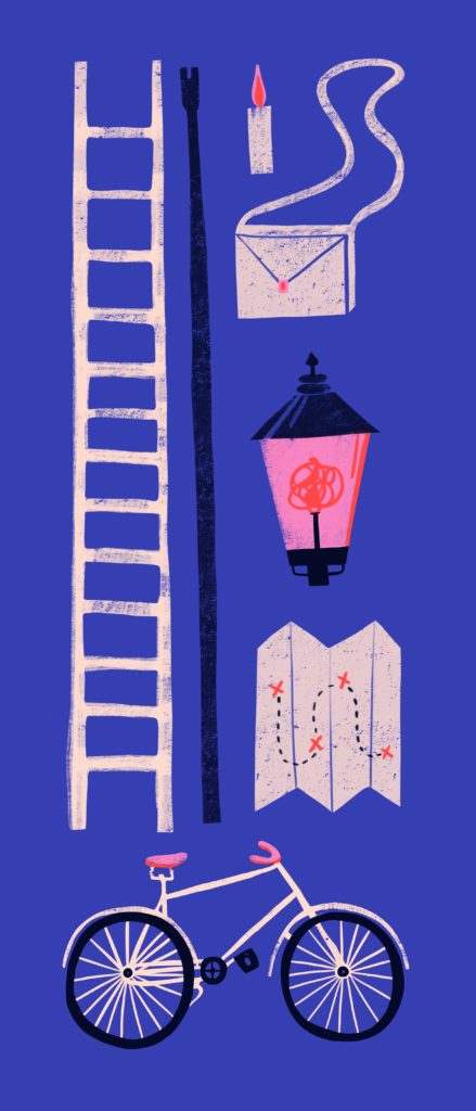 Illustration of lamplighters' equipment : ladder, bike, map, stick, candle, bag on blue background