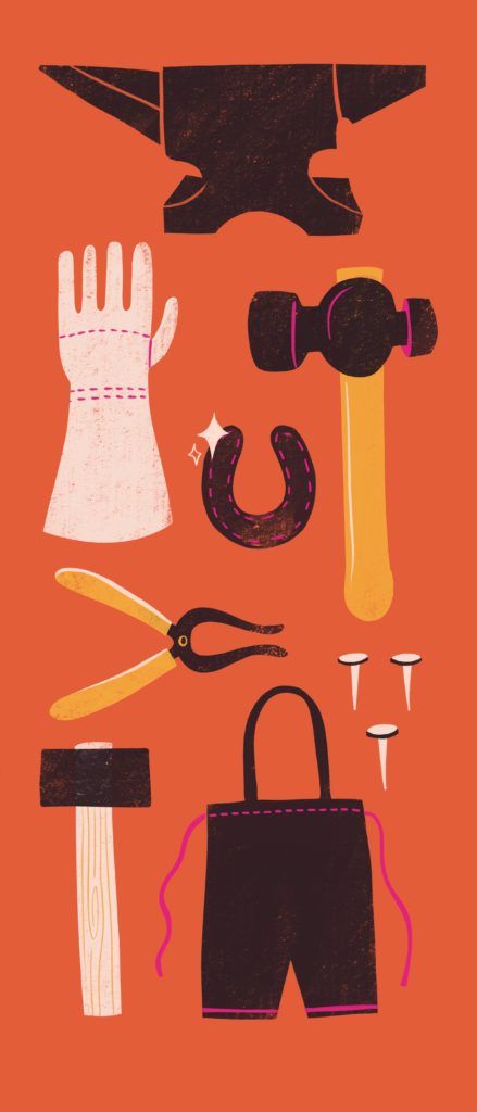Illustration of blacksmith tools on orange background : hammer, nails, gloves, horseshoe, apron- trousers,