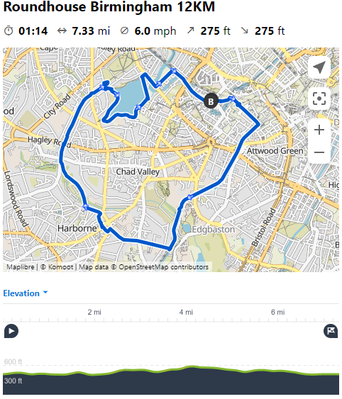 Map of Roundhouse Birmingham 12Km route with elevation chart