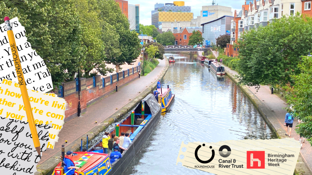 Picture of the heritage boat on the canal near the Roundhouse setting off on the Words on the Water tour for Birmingham Heritage Week 2022. With the logos for the Roundhouse, Canal & River Trust and Birmingham Heritage Week