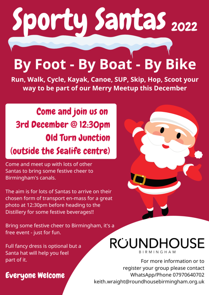 Illustration Poster for Sporty Santas 2022- By Foot-By Boat- By Bike. With a description of the event and details of how to register.