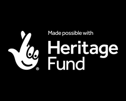 Heritage Fund logo. White writing on black background - the lottery logo and the words Made possible with Heritage Fund