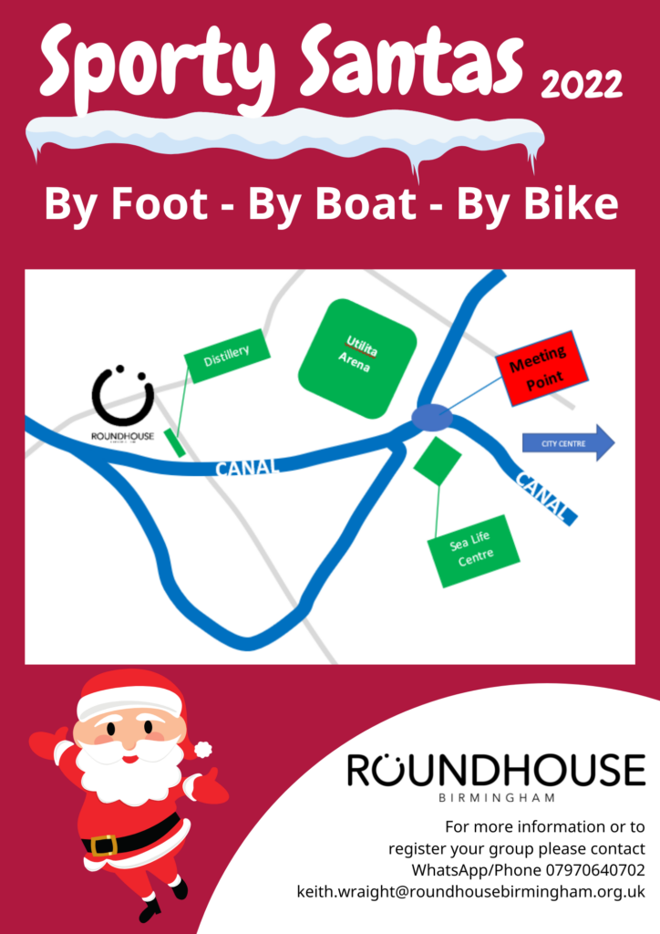 Illustration Poster for Sporty Santas 2022- By Foot-By Boat- By Bike. With a map of the route and details of how to register. Colour scheme red and white