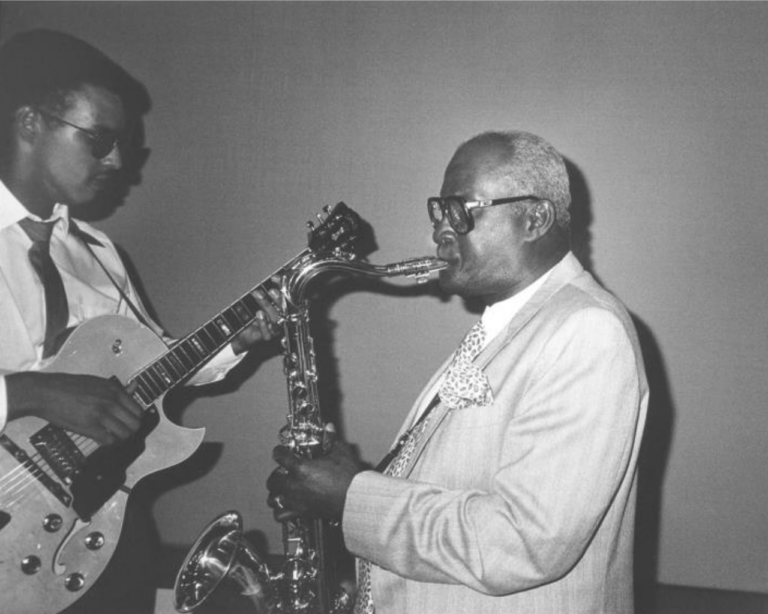 Black and white picture of Andy Hamilton, Saxophonist, Ralph DeCambre, Guitarist - Pogus Caesar - Birmingham images - Library of Birmingham