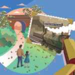 Illustration of the Teddies Trains and Towers leaflet. Bright colours picture of a man with a child waving to a train. In the distance there is a outline of an bridge or aquaduct.
