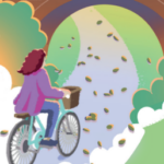 Illustration in vibrant colours, a picture of a lady on a bike cycling through green spaces. Image used for the cocoa canal leaflet.