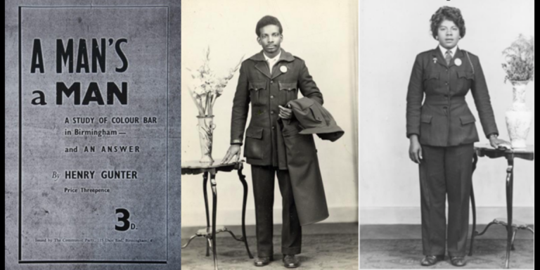 Three black and white pictures. First one is a the cover of A MAN'S a Man - A study of colour bar in Birmingham - and AN ANSWER by Henry Gunter . Second picture is of a black man in a uniform standing by a table. The third picture is of a black lady standing by the same table wearing the same type of uniform.