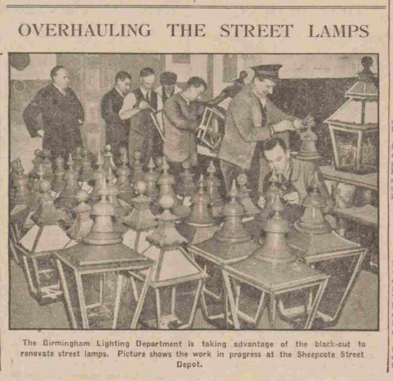 Black and white picture of Corporation workers carrying out street lamp repairs at Sheepcote Street Depot, 1940.