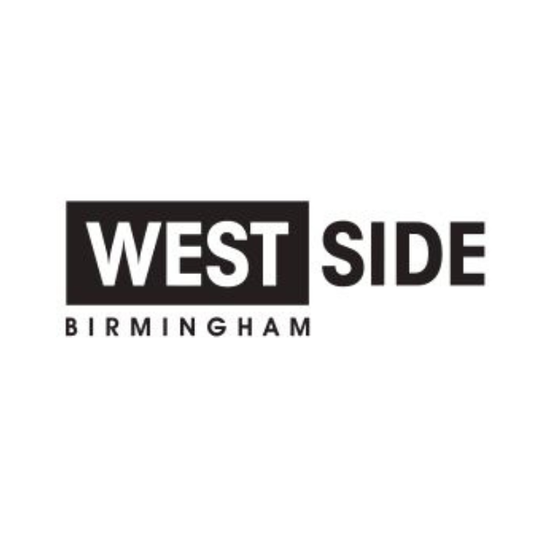 Round white, black and grey Westside BID logo