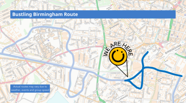 A map showing the Bustling Birmingham tour route