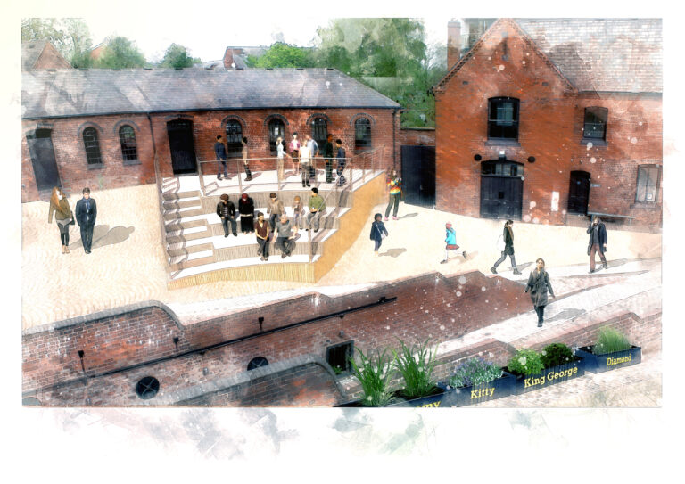 A stylised image of the Roundhouse courtyard showing the concept of the new decking