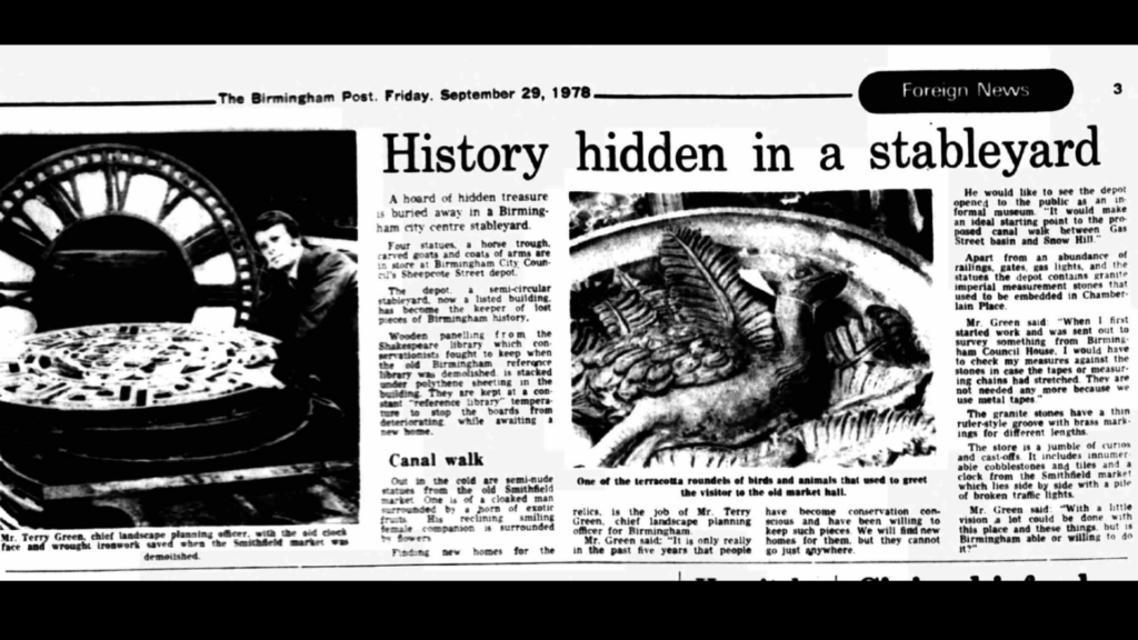 Black and white picture of a newspaper article from The Birmingham Post, Friday 29 September 1978. Article title: "Hidden History in a stableyard"