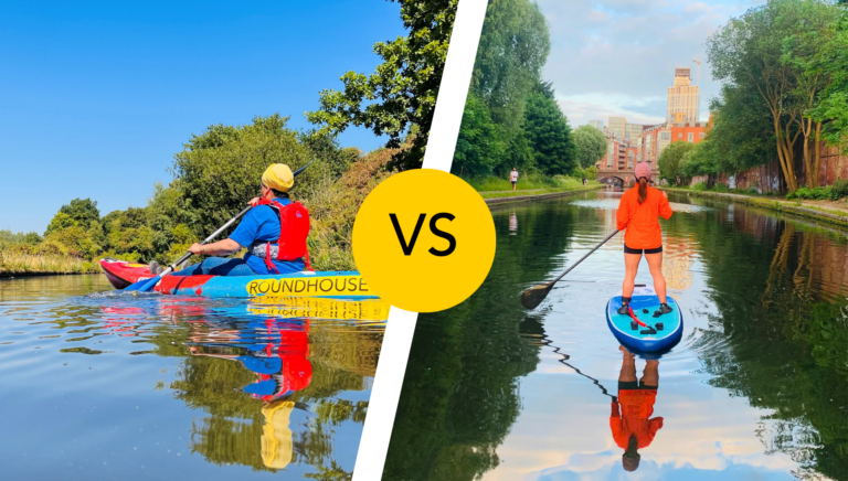 A person kayaking on the left, the word VS in the middle and a person stand up paddleboarding on the right