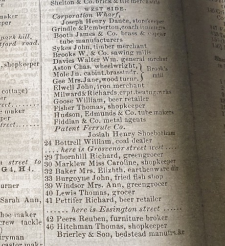 A portrait image showing a page from Kelly's Trade Directory of Birmingham. 