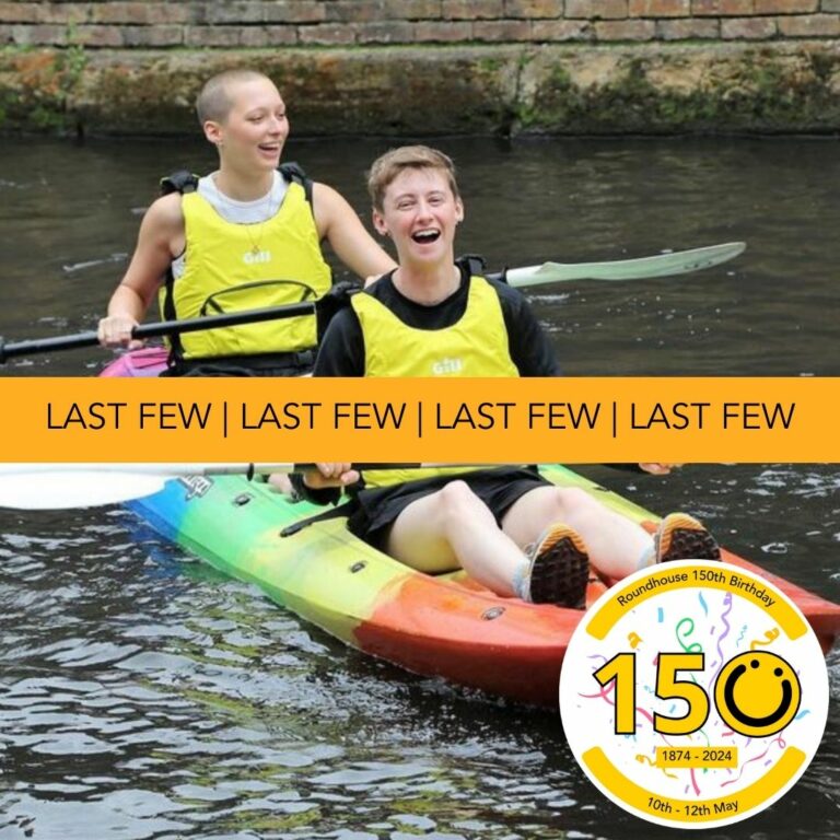 A square image showing two people in one rainbow coloured kayak on canal water. They are both wearing yellow buoyancy aids. In the bottom right of the image is a graphic logo with the number 150, the 0 of the logo is a yellow smiley face logo. The numbers 1 and 5 both have a black outline. Across the middle of the image is an orange banner with the words, 'Last Few' written. It is repeated 4 times.
