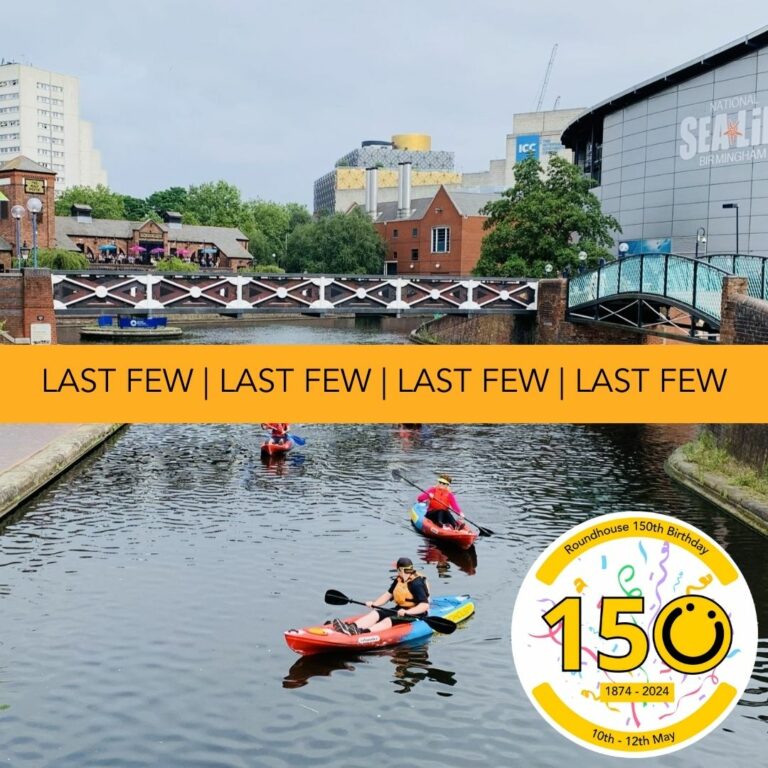 A square image showing six kayakers on canal water. The kayaks are red and blue. To their sides are towpaths. Above them is a black and white metal bridge. In the background and to the right of the image is a grey building with the words, 'SEA LIFE Centre' on and in the background is a yellow and grey building. In the bottom right of the image is a graphic logo with the number 150, the 0 of the logo is a yellow smiley face logo. The numbers 1 and 5 both have a black outline. Across the middle of the image is an orange banner with the words, 'Last Few' written. It is repeated 4 times.