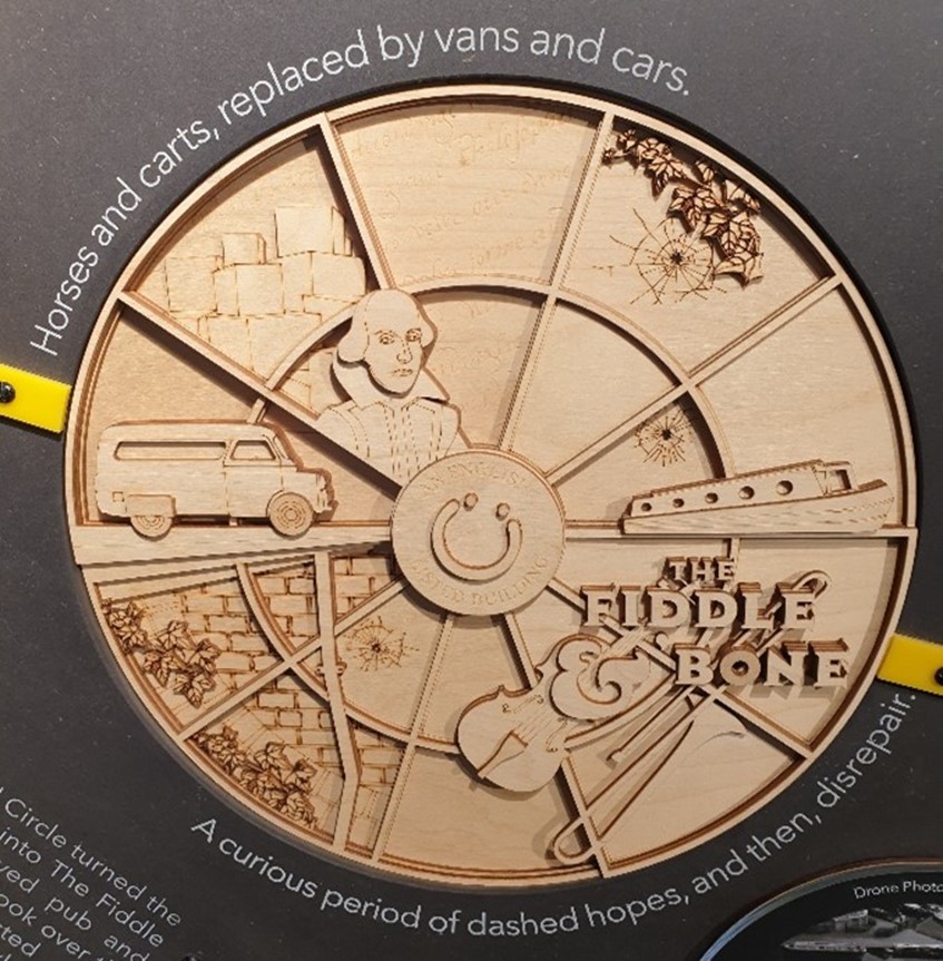 A square image of a layered wooden display. Some imagery in the display include a smiley face logo in the middle and multiple points coming off it, making the circle look like a wheel. Some other imagery includes a canal boat, a trombone and violin with the name 'The Fiddle and Bone' next to it; a car; some cobbled pavement; an image of William Shakespeare, who looks bold and wearing  high collared shirt. 