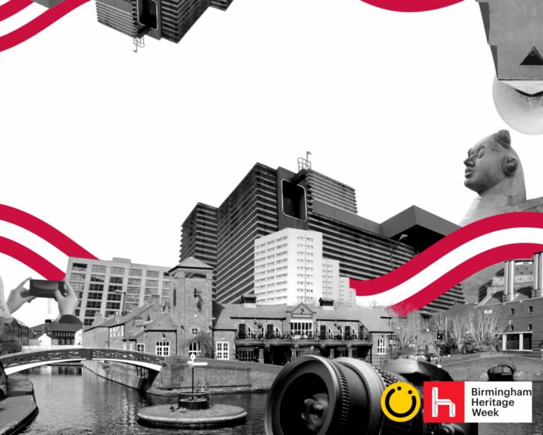 A landscape image showing a collage of black and white images, with a red and white curved banner around the image. Some of the images include a canal and bridge, a canal boat, someone holding a phone taking a photo, and some buildings. The background is yellow. In the bottom right of the image is a yellow smiley face logo and a red square with the letter h in.