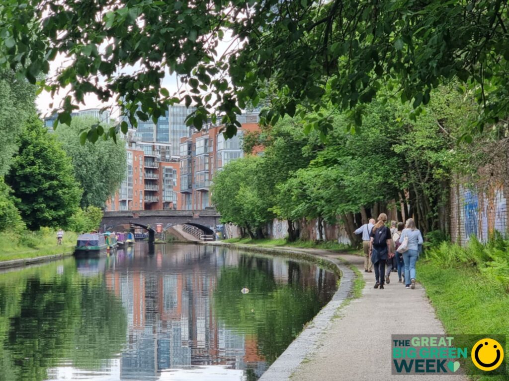 A landscape image showing a canal and path. The path on the right side of the image curves around to the middle of the image to the left. On the path are a few people walking. Around the image and canal are green grass and trees.