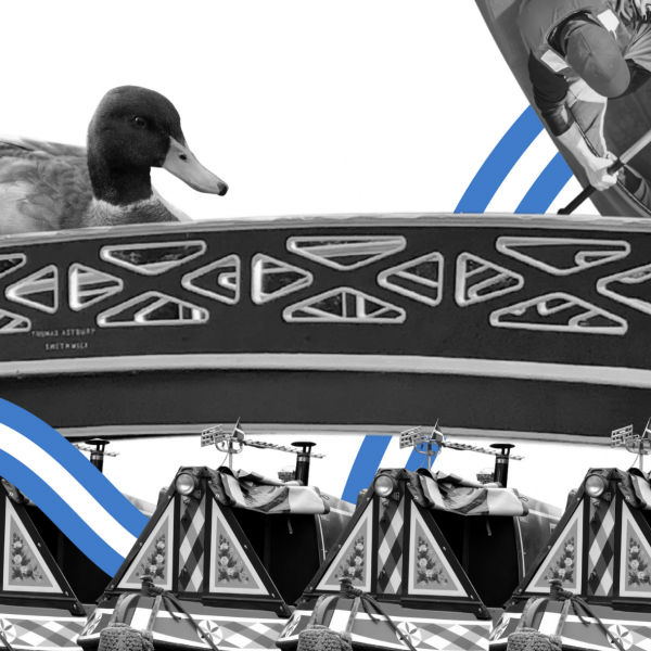 Black and white collage showing several narrowboats moored, a kayaker, and a duck on a bridge
