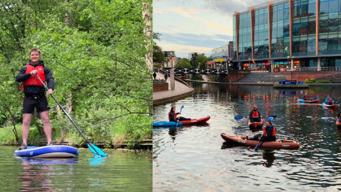 Two pictures side by side. Picture on the left two people paddleboarding on the green paddle tour. On the right a group of Roundhouse kayakers by the Old Turn junction.